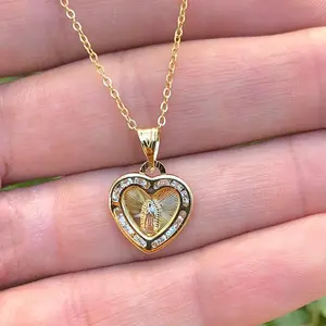 Small Heart Our Lady of Guadalupe Necklace Cable Link Chain for Womens Girls 17" INCH Virgin Mary Charm Virgencita Pendant