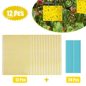 Double-Sided Paper-Covered Sticky Insect Traps (Yellow / 20x30cm / 12-Pack + 24 Wire Stakes) | Paper-Covered to Prevent Sticking | Strong Adhesive: Physical Control for Flying Insects | Ideal for Greenhouses, Gardens, and Vegetable Patches