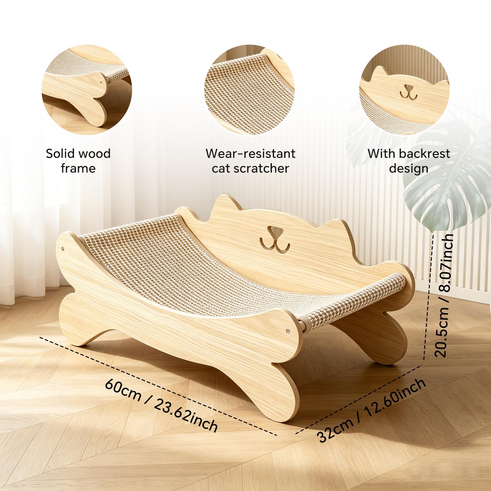 Cat Hammock Bed with Wooden Frame, Cat Lounge Chair & Cat Scratcher Bed, Elevated Cat Bed for Indoor Cats, Durable Scratch Resistant Fabric, Comfortable Pet Lounge Furniture, Easy Assembly