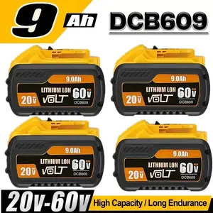 4Pack/2PacK 9.0Ah 20V/60V Lithium-Ion High-Capacity Battery Replacement (9000mAh Total) - Compatible with 20V/60V Models, Durable Plastic Construction, Long-Lasting Power for Outdoor Tools & Equipment, Rechargeable Lithium Battery DCB609 with High Energy