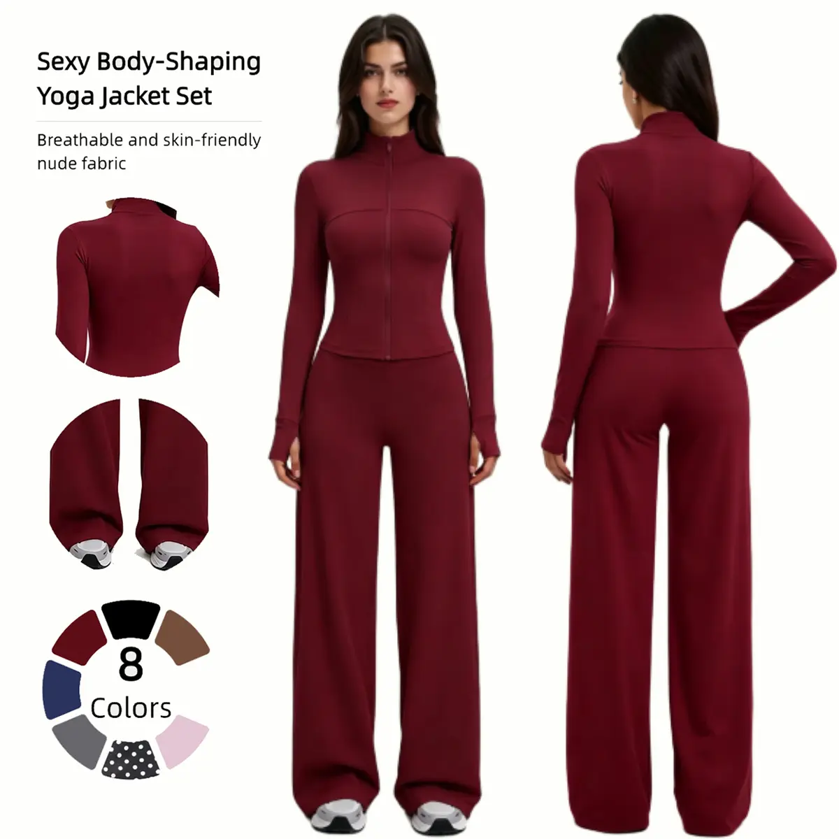 Women’s Seamless 2-Piece Activewear Tracksuit, Zip-Up Compression Jacket & Butt-Lifting Wide Leg Jogger Leggings, Sporty Matching Outfit for Yoga, Gym & Workouts