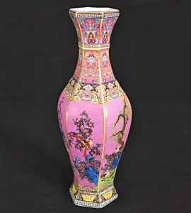 11"Crimson Ground Famille Rose Hexagonal Vase: Bird & Flower Motif