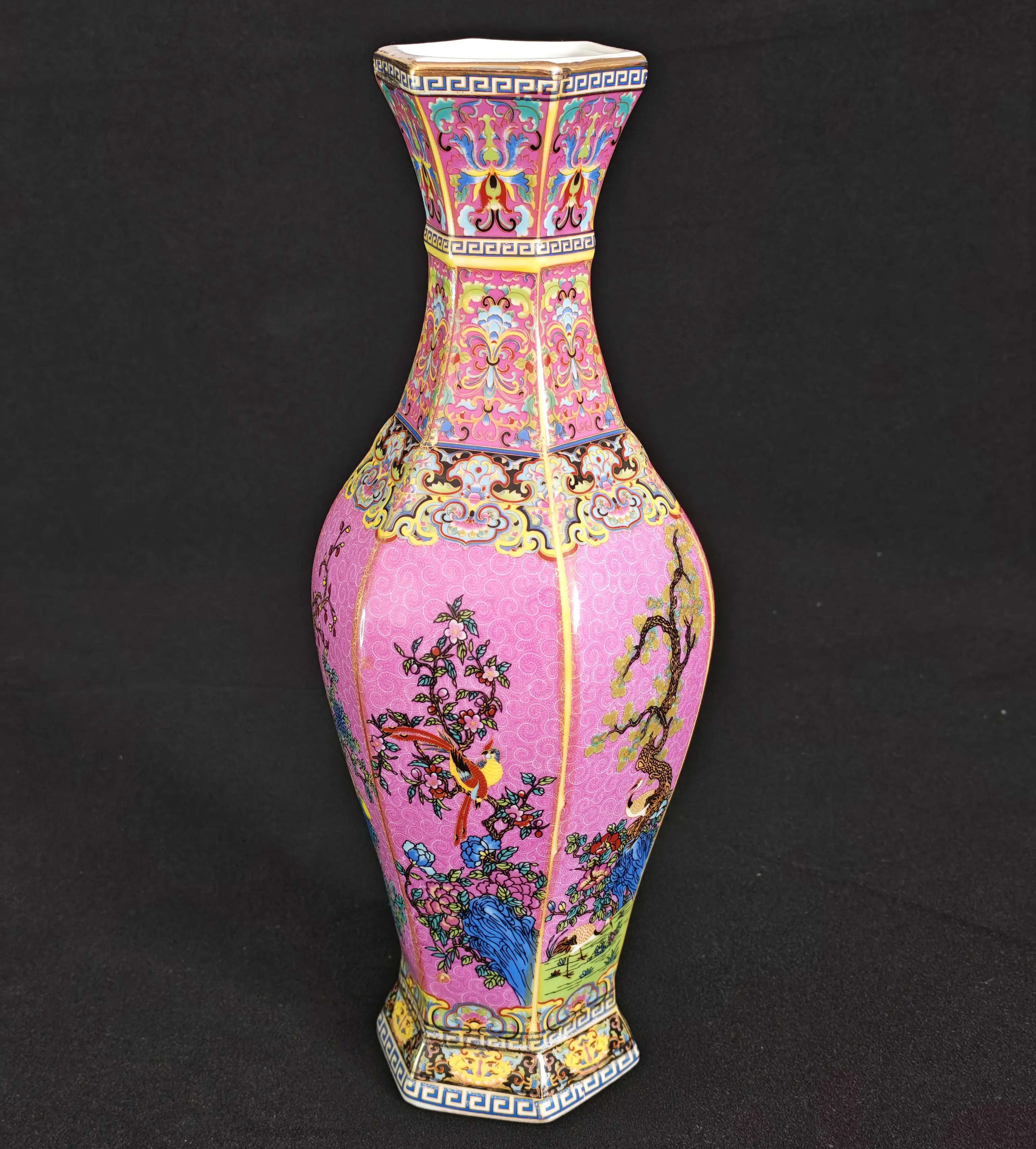 11"Crimson Ground Famille Rose Hexagonal Vase: Bird & Flower Motif