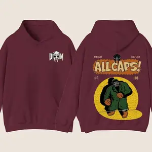 MF DOOOM "All Caps" Graphic Hoodie – Vintage Comic Madvillain Pullover | Hip Hop Legend Apparel | Viral Rap Aesthetic Top