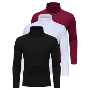 Long Sleeve Solid Color Stretch Knit 3-Pack Men's High Neck T-Shirts - Polyester Base Layer for Fall/Winter Warmth