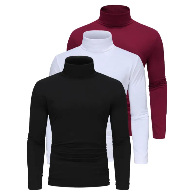 Men's 3-Pack High Neck Long Sleeve T-Shirts, Solid Stretch Knit Polyester Spandex Top, Regular Fit Base Layer for Fall Winter, Longsleeves, Menswear, Fabric, Tshirt