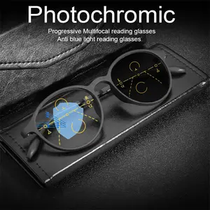 1pc Men's TR90 Round Frame Auto Multifocal Progressive Photochromic Reading Glasses, Progressive Anti Blue Light Ultra-light Glasses