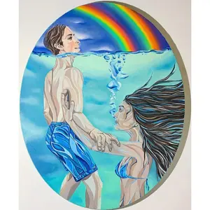 Pop Art Inspired, Realistic Oil and Acrylic Painting on Oval Canvas, "Drowning Lessons"