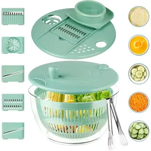 Large Salad Dehydrator, Multi-Functional Three-In-One Bowl, Vegetable and Fruit Washer, Includes 6-Blade Slicer and Yolk Filter, Ideal for Quick Salad Prep