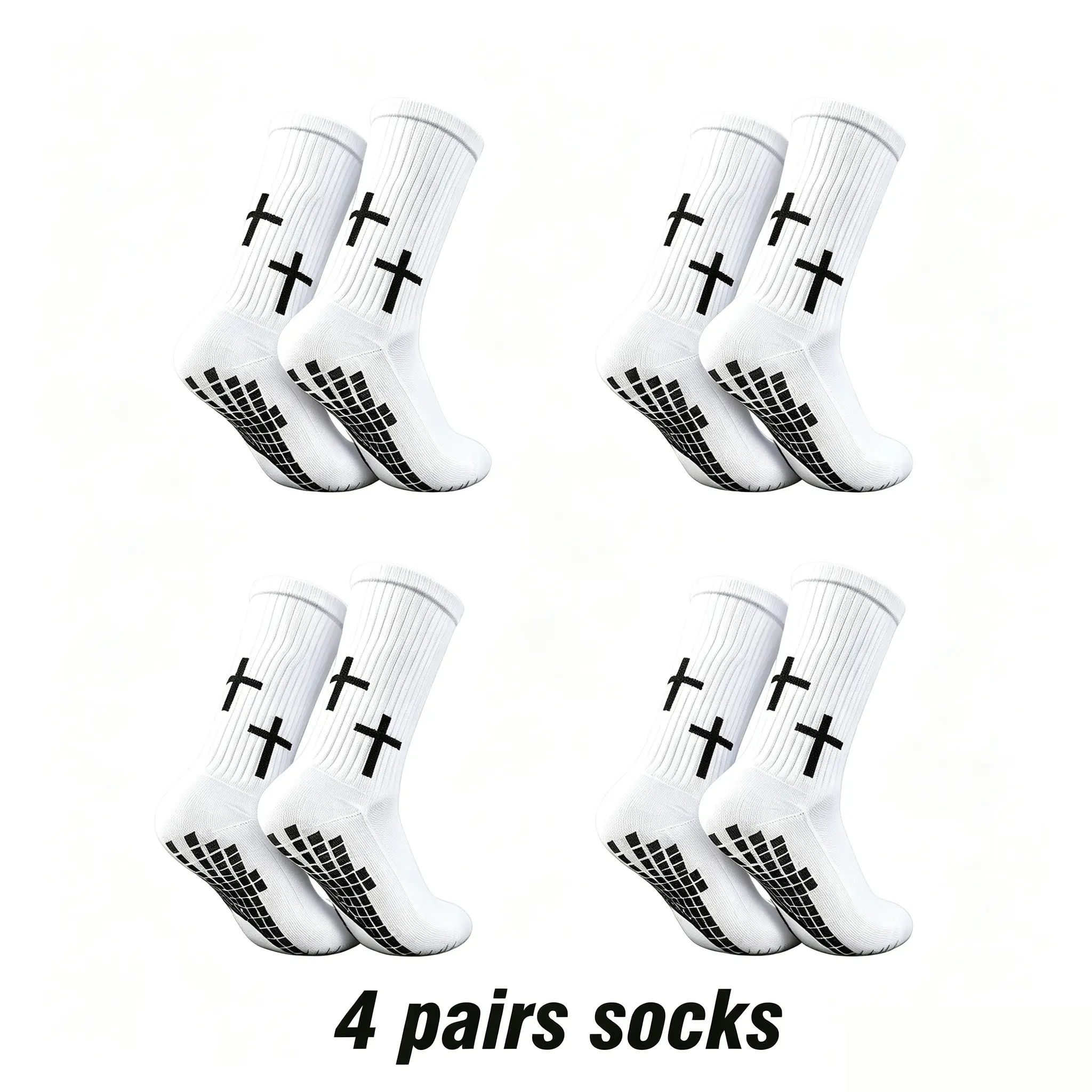 Men's Cushioned Anti-Slip Soccer Socks, 4 Pairs Cross-Grip Athletic Socks with Full Ft Protection, Snug Fit for Outdoor Training & Sports, 1 Size Fits Most