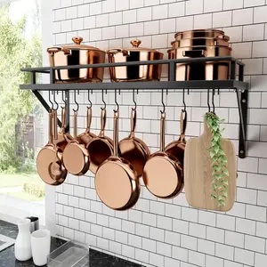 30-Inch Matte Black Wall Mounted Kitchen Pan Pot Rack, Hanging Storage Organizer Wall Shelf with Hooks for Kitchen Storage