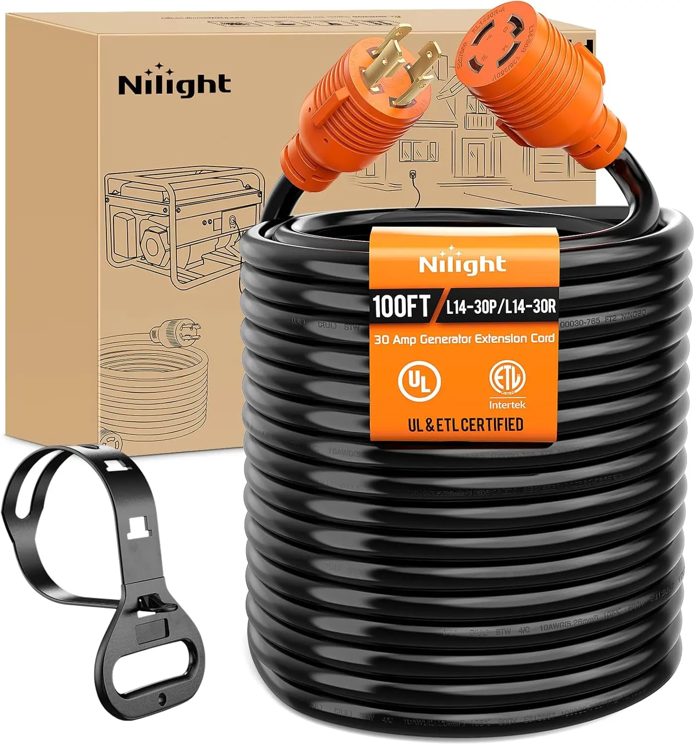 Nilight 30A 100FT Generator Extension Cord - 125/250V 7500W Heavy-Duty 10-Gauge Pure Copper STW Wire, ETL-Listed 4-Prong L14-30P/L14-30R Weather-Resistant Flexible Cable for RV, Outdoor Camping, Tailgating