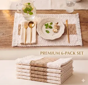 Set of 6 Macrame Placemats, 12x18 Inch Handmade Woven Cotton Boho Table Mats with Tassels, Two-Tone Cream & Khaki Farmhouse Kitchen Dining Decor, Heat Resistant Washable Braided Placemats for Party