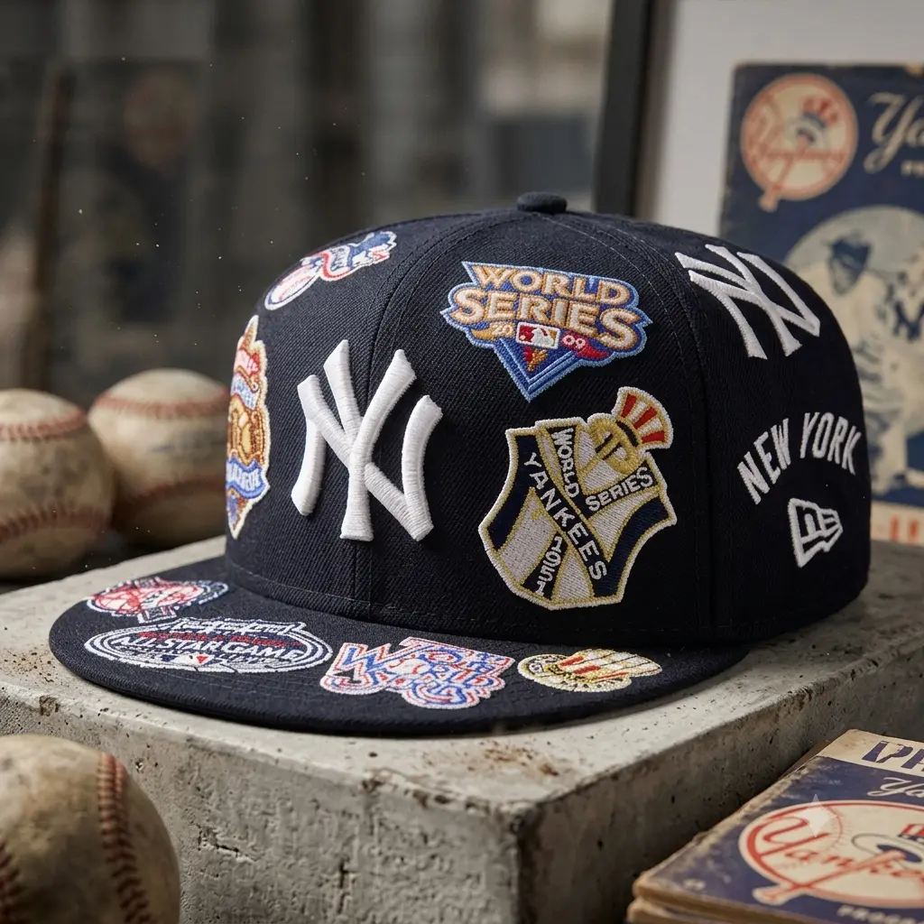 Navy Blue Fitted Baseball Cap, All Over Graphic Embroidered Hat, Structured Flat Brim Snapback Style, Streetwear Headwear for Men & Women, Trendy Game Day Hat, Casual Outdoor Fashion, Hip Hop Gift