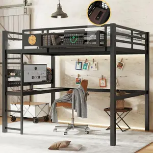 Full Size Loft Bed Frame with Desk, Storage Basket, Metal Loft Bed with Clock and Charging Port, Black