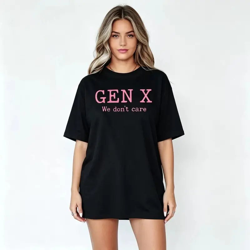 Cotton Gen X Generation We Do Not Care Text Saying T-Shirt, Graphic T Shirts - Printed Short Sleeve T-Shirt Top Black Casual