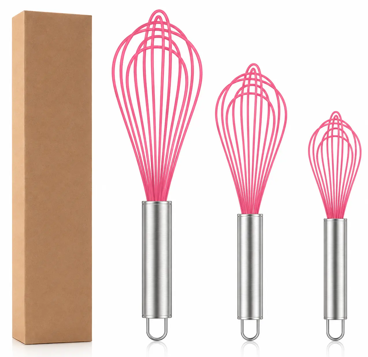 3-Piece Silicone Whisk Set, 8", 10" & 12" Heat-Resistant BPA-Free Whisks with Stainless Steel Core, Nonstick Safe, Pink