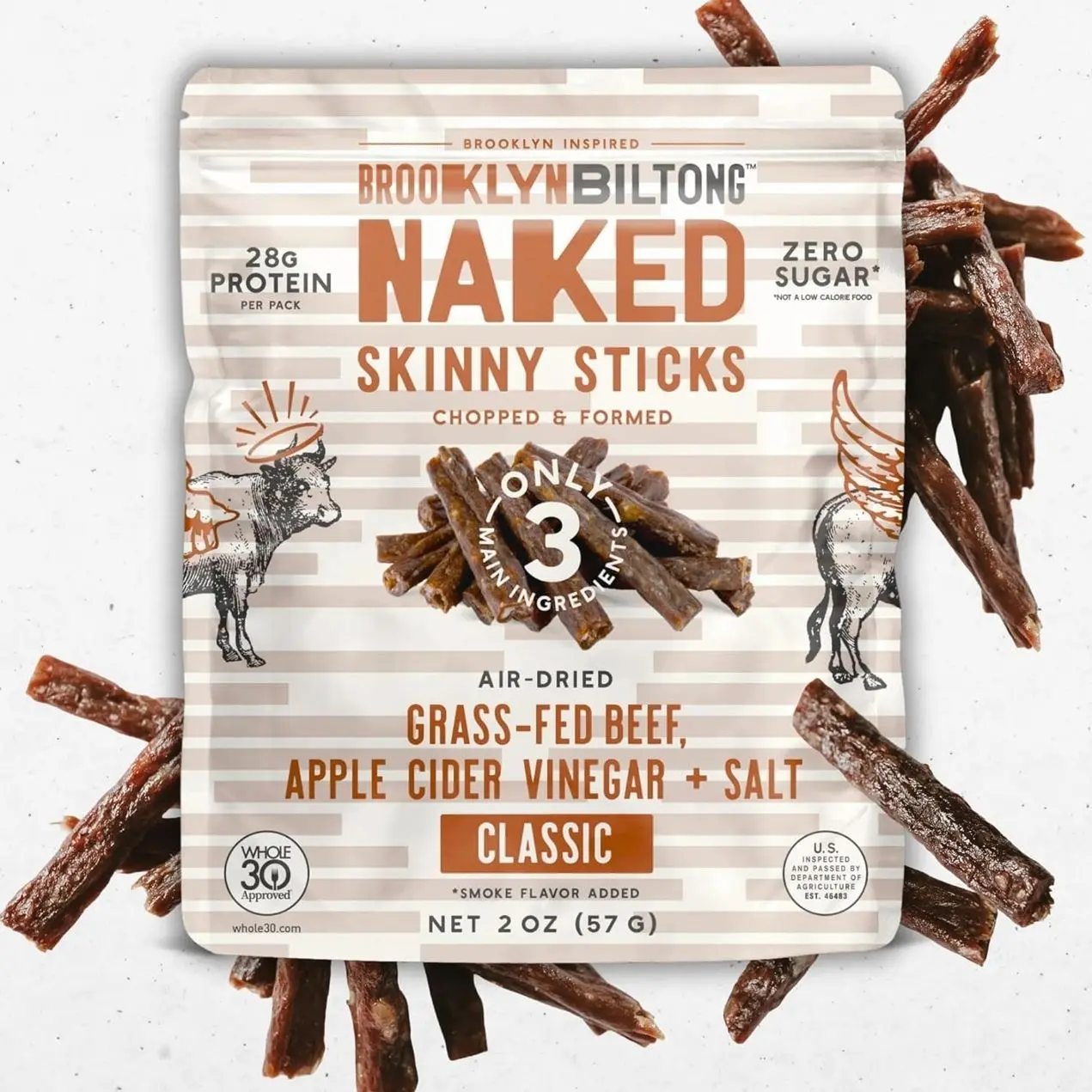 Brooklyn Biltong Naked Skinny Sticks (Naked 2 oz, Pack of 2) - Grass-Fed Biltong Beef Jerky Meat Stick - 14g High Protein Snacks - Premium Air Dried, Paleo, Keto, Gluten Free, Sugar Free - Made in USA