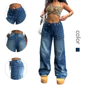 Stylish Women's Blue Denim Cargo Jeans with Large Pockets - Effortlessly Trendy for Urban Styles