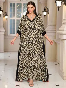 Boho Leopard Print  Kaftan Dress, Chic Bohemian V-Neck Batwing Sleeve Long Robe, Loose-Fitting Sun Protection Outerwear, Summer Beach Cover-Up, Womenswear Casual Wear, Boho Summer Outfit