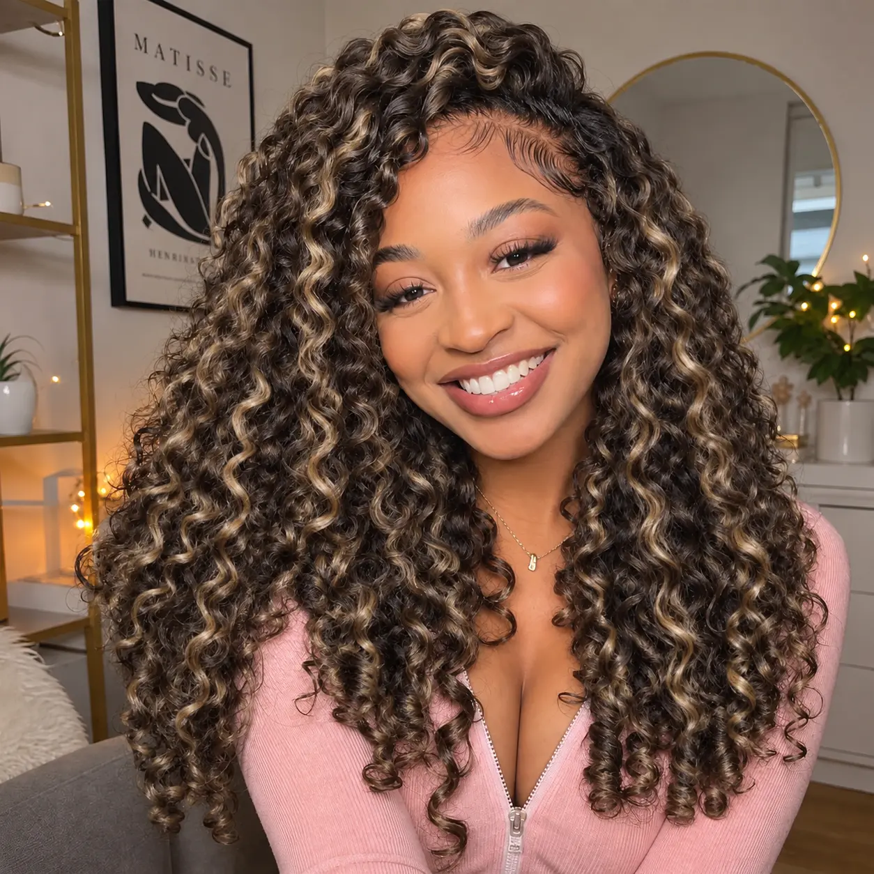 Recool Hair Highlight Balayage Burmese Curly Half Wig Human Hair Wear & Go Glueless Drawstring Wigs 3 in 1 Seamless Flip Over Curly Half Wig for Black Women