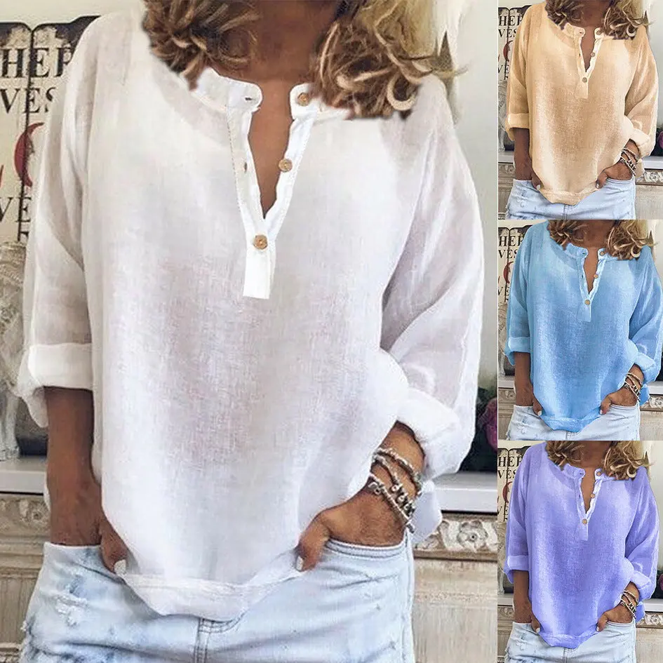 Women's Solid Breathable Loose Linen Boho Pullover Blouse, Crew Neck, Hand Washable