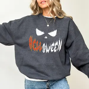 Hell-oween Sweatshirt, Halloween Crewneck for Women, Helloween Sweater, Unisex Halloween Party Outfits, Creepy Ghost Face Tops, Spooky Season Apparel, Comfy Long Sleeve Pullover, Oversized Womens Tops, Fall Casual Womenswear, Comfort Cotton Fabric