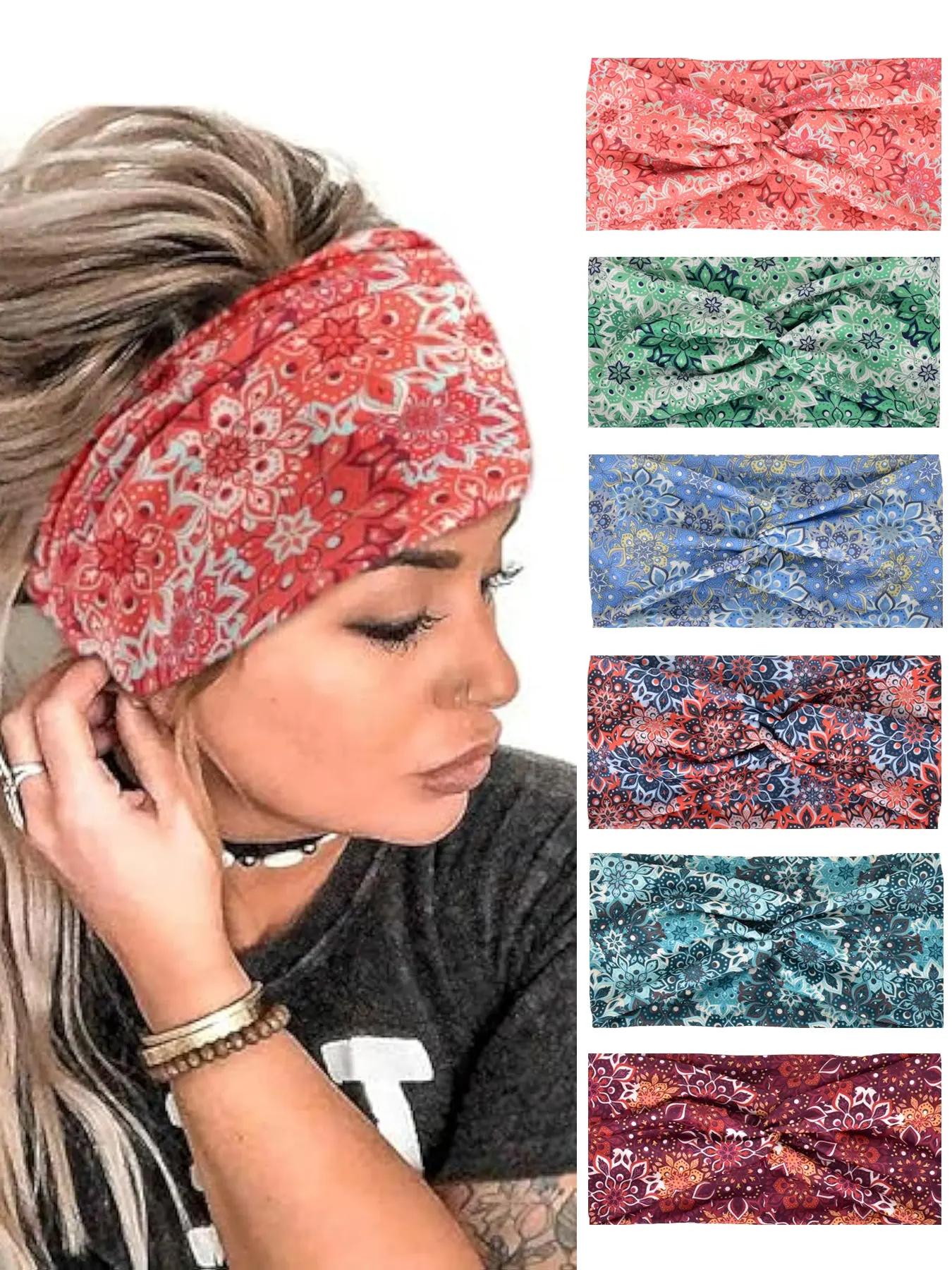 Boho Style Wide Headband Scarf, Non-Slip Elastic Hair Band, Fashion Yoga Hat for Women, Workout Headband, Sports & Daily Wear Accessories