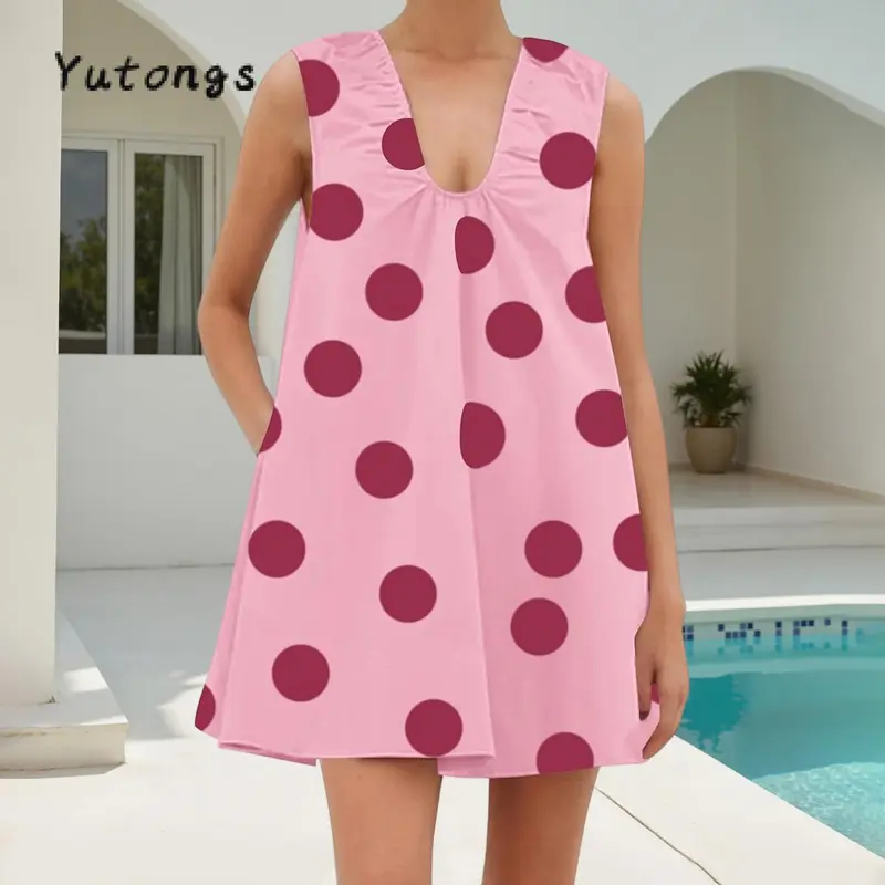 Womens Spring Summer Mini Dress Casual Loose Fit Stylish Dot Print V Neck Sleeveless Tank Dress
