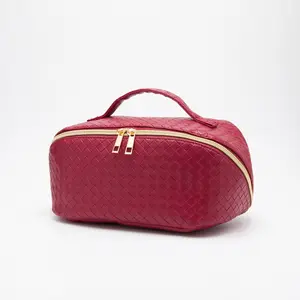 Trixie Woven Leather Makeup/Toiletry Bag Burgundy