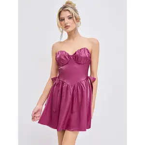 Cider [size 0-10] Satin Sweetheart Neckline Bowknot Ruffle Mini Dress