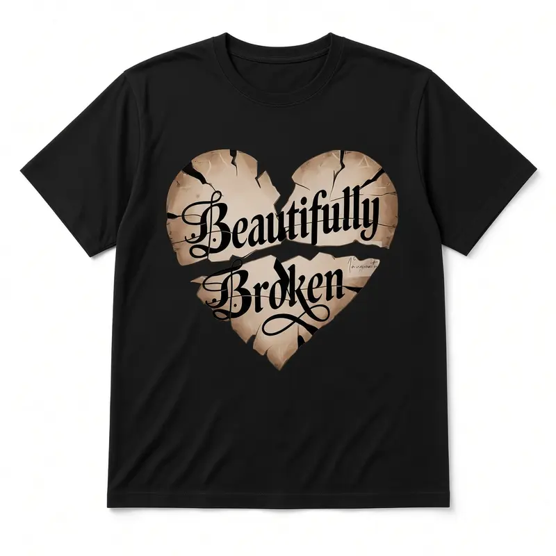 Women's Casual Crewneck T-Shirt with "Beautiful Broken" Heart Print, Regular Length, Perfect for Daily Wear, Spring/Summer Fashion, and Back to School Outfits, Ideal for All Seasons, Addicted Top for 2025 Summer Clothes Women Plus Size