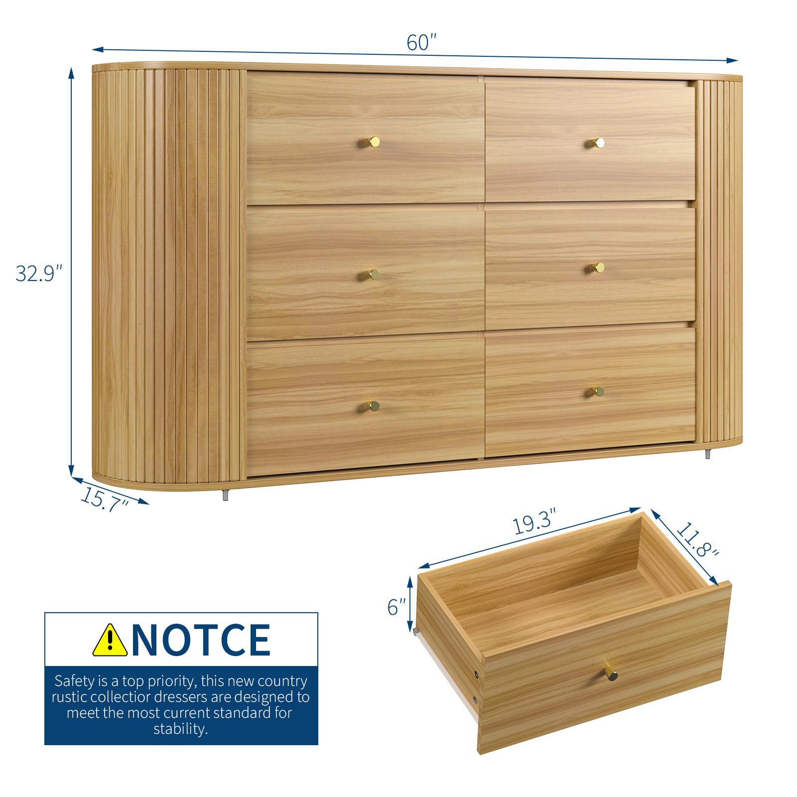 6 Drawer Vintage Farmhouse Dresser with Power Outlet, Large Storage Cabinet for Bedroom & Living Room, Curved Edge Organizer with Metal Handles