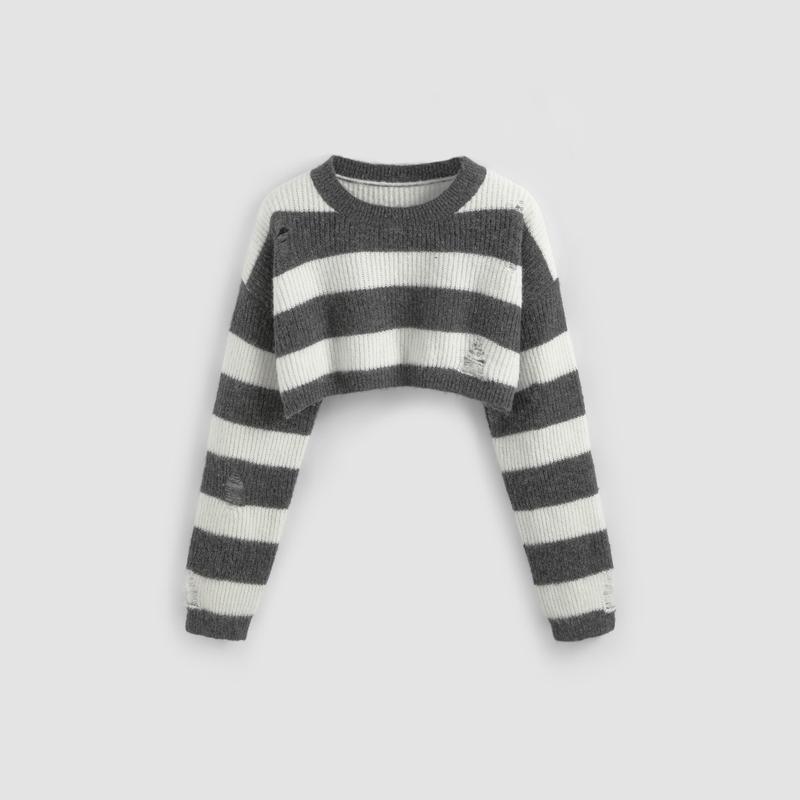 Cider [size 2-10] Round Neck Striped Ripped Knit Long Sleeve Crop Sweater