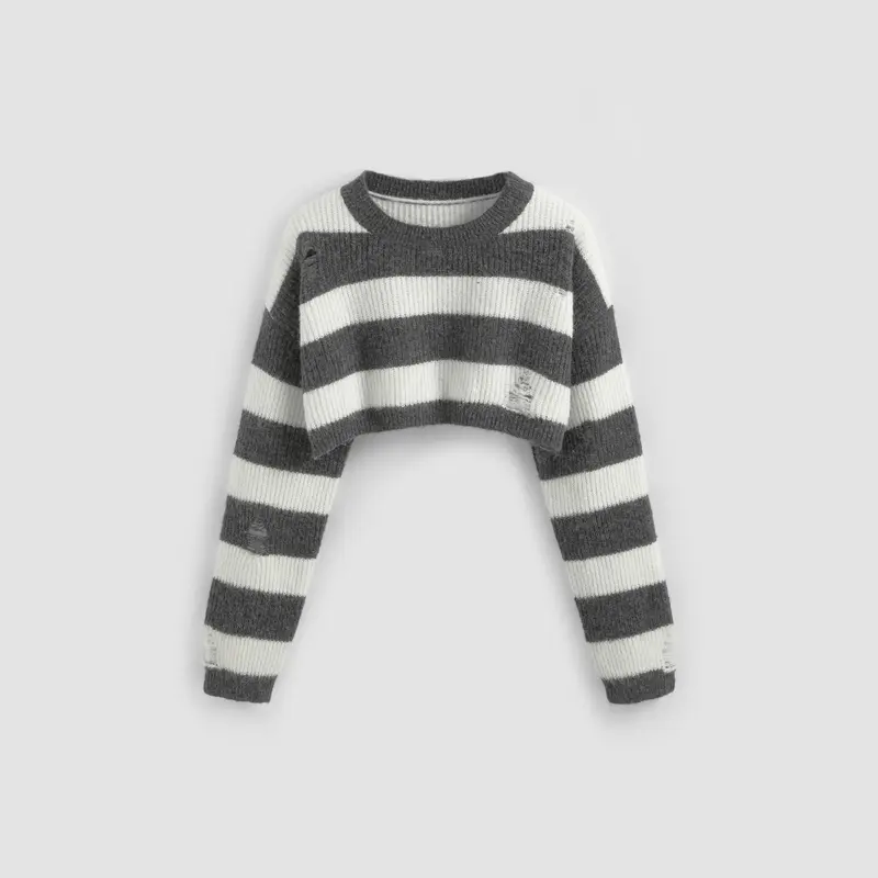 Cider [size 2-10] Round Neck Striped Ripped Knit Long Sleeve Crop Sweater