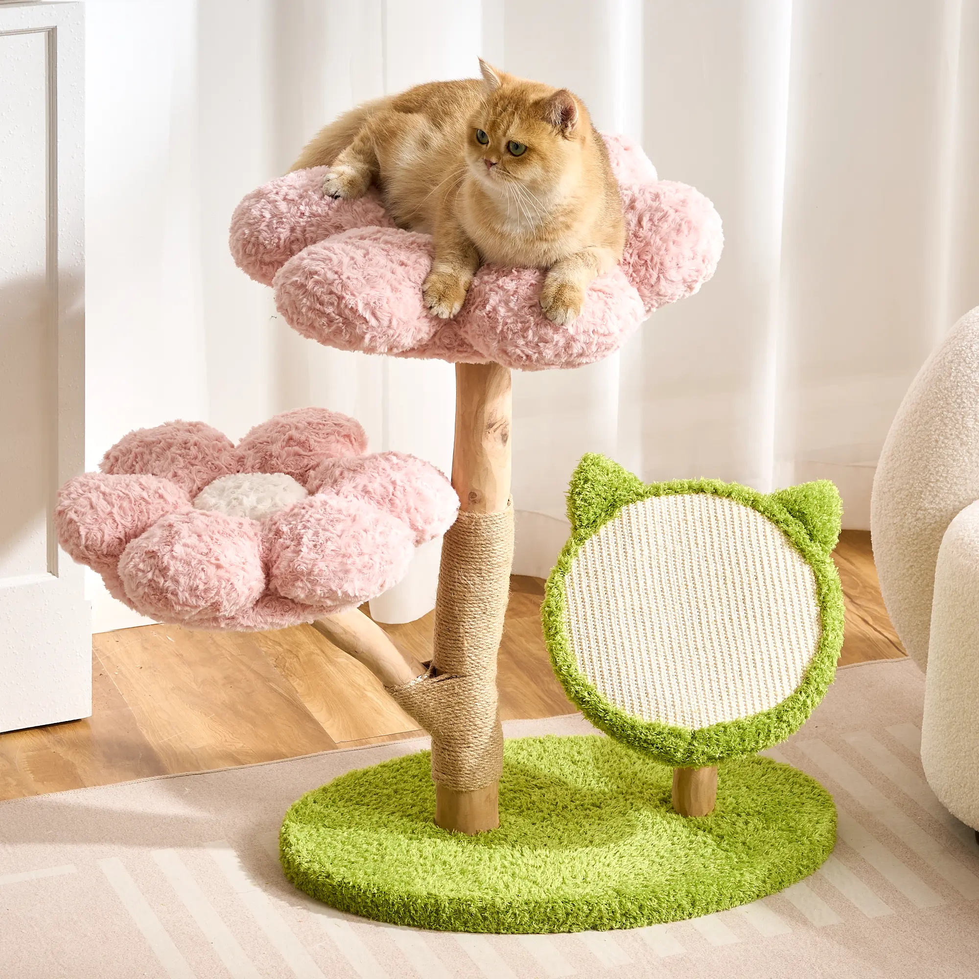 HITTITE Baby Pink Multi-Level Natural Wood Flower Cat Tree - 16.1"l x 24"w x 30"h Solid Wood Branch Tower, Hand-Wrapped Natural Sisal Rope Scratching Post & Pad, 35lb Capacity, Observation Deck, Cozy Bed Zones for Indoor Large Cats