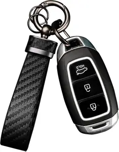 Leather Car Keychain - Carbon Fiber Interior Key Fob with Anti-Lost D-Ring - Car Accessory Key Ring (Black)
