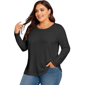 Women's Plus Size Fitted Solid Black Round Neck Longsleeve Tshirt - Elegant, Simple Casual Everyday Basic Clothes (Sizes L-6XL)
