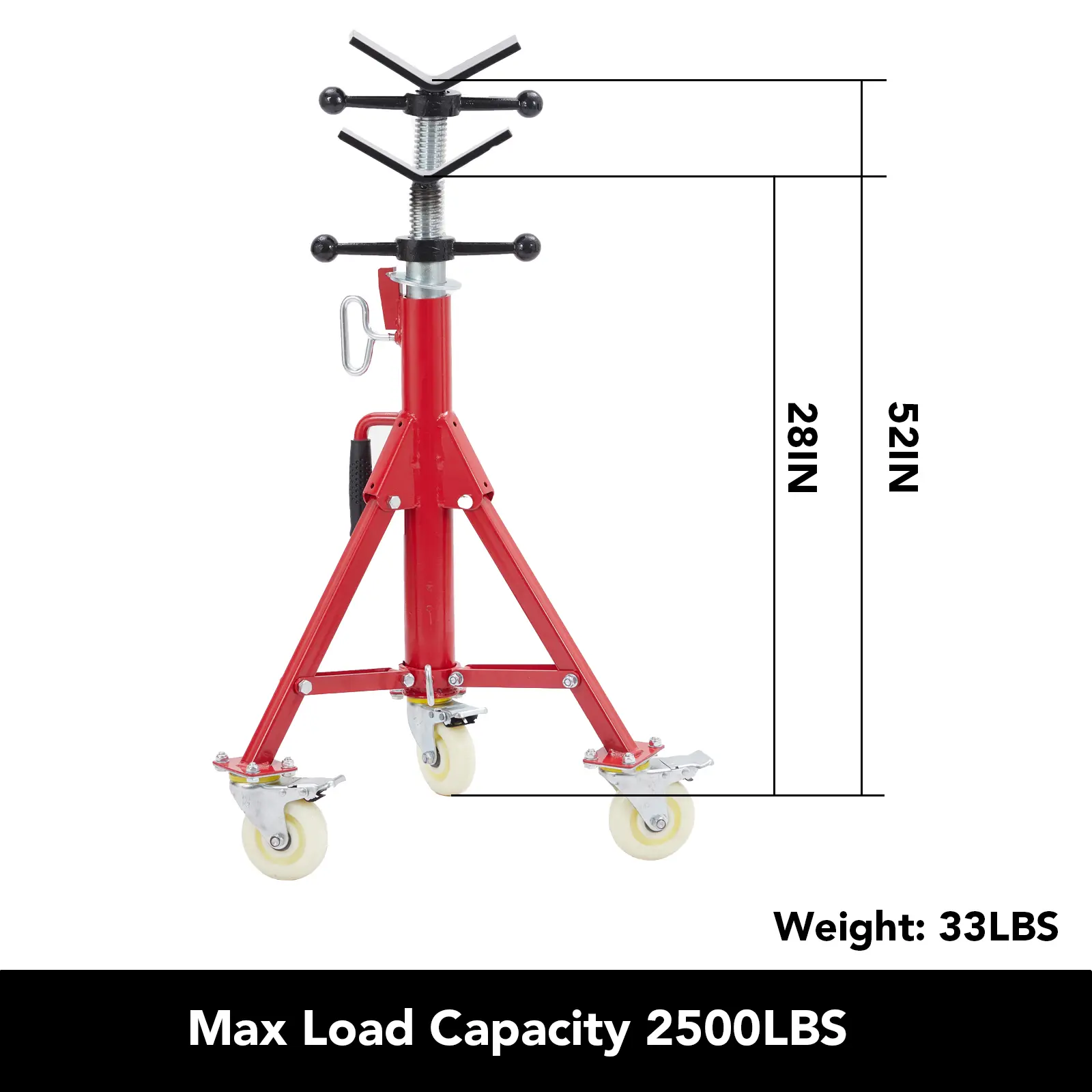 Garvee Heavy Duty V-Head Pipe Jack Stand with Casters – Adjustable 28-52 Inch Height – 2500 lb Capacity – Fits 1/8"-12" Pipes – Folding Steel Welding Stand for Automotive and Construction