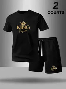 Men's 'KING Perfect' Crown Graphic 2-Piece T-Shirt & Shorts Set – Luxury Royal Streetwear, Casual Summer Outfit