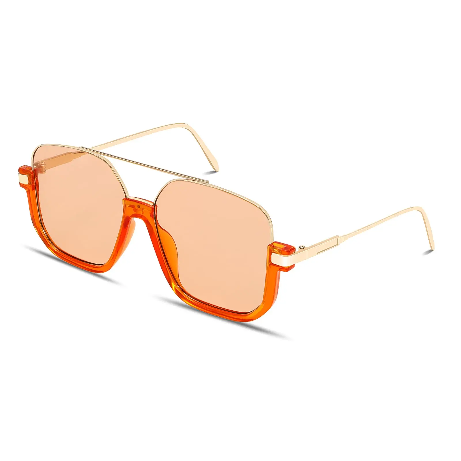 Oversized Double Bridge Square Sunglasses for Women Retro Transparent Orange Frame Light Peach Tint Lens Fashion Summer Beach Vacation Eyewear UV400 Protection Shades