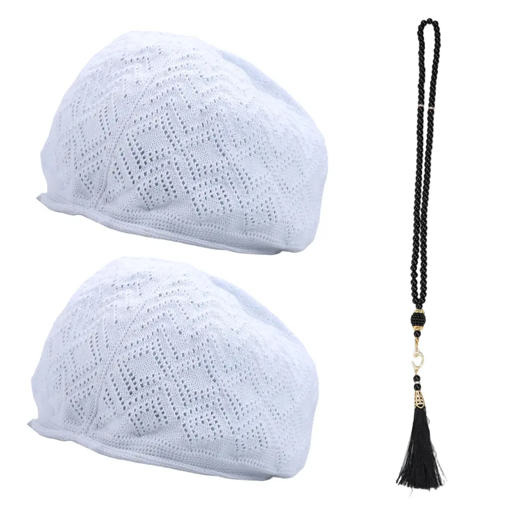 3PCS Hats for Men - Prayer Cap, Handicraft Taqiyah, Muslim Tasbih, Prayer Beads
