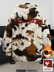 Unisex Fall Winter Fleece Hoodie, Cow Print Embroidered Vintage Casual Top, Long Sleeve Fitted Sweatshirt for Home and Streetwear