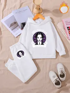Fleece Hoodie Set, Wednesday Addams Cartoon Print, Casual Jogger Pants, Fall & Winter, Kids Fashion