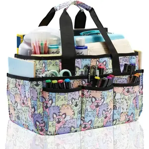 Craft Organizer Tote Bag, Art Organizer, Craft Caddy with Multiple Pockets, Storage Bag for Sewing Tools, Art Supplies, Home and Office (Cat Print)