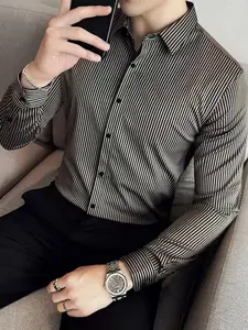 Elegant Striped Long Sleeve Shirt, Casual Business Shirt, Lightweight Single Button, Formal Fit, Single Row Buttons, Collared Top, Elegant Button Front