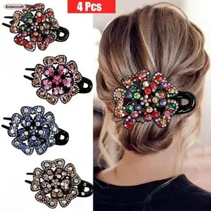 4PCS Rhinestone French Hair Clips for Women – No Slip Curved Claw Clips, Strong Hold for Thick Hair, Elegant Sparkly Barrettes, Perfect for Daily Wear, Parties, Weddings, Photo Shoots, Gift-Friendly Hair Accessories