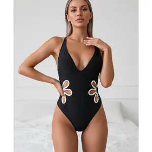 New Fashionable Solid Color Sexy Deep V-neck with Hollowed Out Design On Both Sides, One-piece Backless Running Spring Swimsuit for Women, One Piece Swimsuits, Sporty One-Pieces