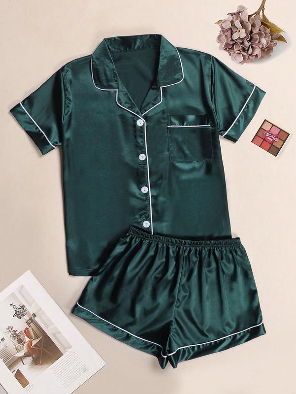 Satin Pajama Set - Women's Short Sleeve PJs for Lounging - Dark Green