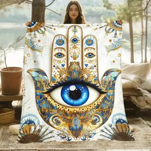 1Pc Mystic Eye Flannel Graphic Blanket Throw - Hamsa Hand Evil Eye Symbol (Blue, Golden, White) - Lightweight All-Season Soft Warm, Intricate Digital Print - Luxury Bohemian Home Decor for Sofa, Bed - Bed Cover, Graphic Blanket Throws